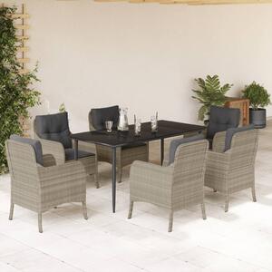 7 részes világosszürke polyrattan kerti étkezőszett párnával