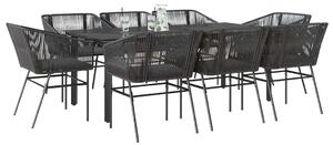 9 részes fekete polyrattan üveg kerti étkezőgarnitúra párnákkal