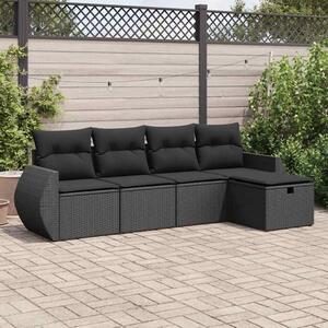 5 részes fekete polyrattan kerti kanapészett párnákkal