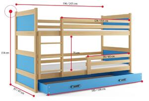 FIONA 2 COLOR emeletes ágy, 80x190 cm, borovifenyő/égszínkék