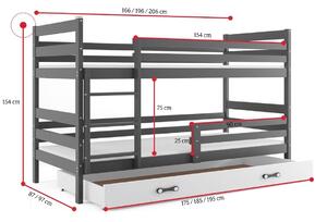 RAFAL emeletes ágy + AJÁNDÉK matrac + ágyrács, 90x200 cm, fehér, grafit