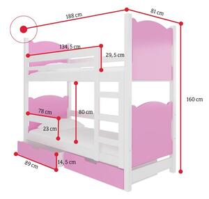 BALADA emeletes ágy, 180x75, fehér/rózsaszín
