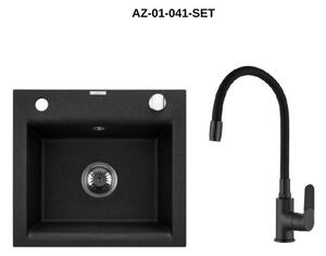 Invena Tesalia, 1 kamrás gránit mosogató 440x400x160 mm és Joga Plus mosogató csaptelep, fekete foltos, INV-AZ-01-041-SET
