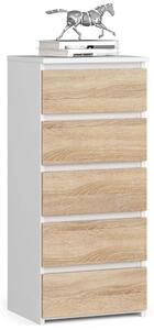 Akord - CLP Komód 5 Fiókos 40x92x35 cm, Bútorlap Fehér/Dió Sonoma, Összeszerelés szükséges