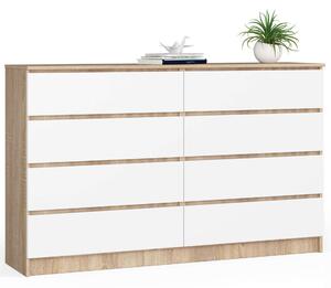 Akord Modern Komód K160 fehér frontokkal és Sonoma tölgy, CLP rendszer, 8 fiókos, 160x99x40 cm, ABS élek, laminált lap, matt felület, önálló összeszerelést igényel