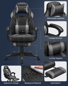 Fekete, szürke gamer szék fejtámlával, deréktámasszal, dönthető üléssel