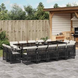 15 részes fekete polyrattan kerti étkezőgarnitúra párnákkal