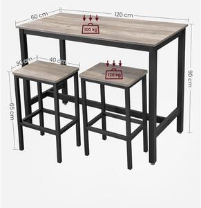 Bárasztal készlet két székkel, greige 120x60x90cm/40x30x65cm