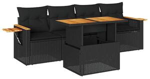 VidaXL 5 részes fekete polyrattan akácfa kerti kanapészett párnákkal
