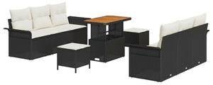 9 Részes Kert Sofa Szett Párnákkal Fekete Poli Rattan Akácia, 2-Személyes Kert Sofa Tárolóval és Párnákkal Fekete Poli Rattan, 3 Részes Kert Étkező Szett Párnákkal Fekete Poli Rattan Akácia