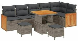 9 részes kerti kanapé szett párnákkal szürke poli rattan akác, 2 személyes kerti kanapé párnákkal szürke poli rattan, 3 részes kerti étkezőkészlet párnákkal szürke poli rattan akác