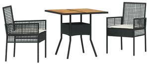 3 darabos kerti étkező szett párnákkal, fekete poli rattan