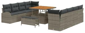 11 darabos Kerti Sofa Szett Párnákkal Szürke Poli Rattan Akácia, 2 személyes Kerti Sofa Tárolóval és Párnákkal Szürke Poli Rattan, 3 darabos Kerti Étkező Szett Párnákkal Szürke Poli Rattan Akácia
