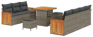 10 Darabos Kerti Sofa Szett Párnákkal Szürke Poli Rattan Akácia, 3 Darabos Kerti Étkező Szett Párnákkal Szürke Poli Rattan Akácia
