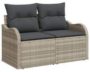 6 darabos kerti kanapé szett párnákkal világosszürke poli rattan, 2 férőhelyes kerti kanapé tárolóval és párnákkal világosszürke poli rattan