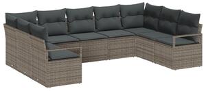 9 darabos Kert Sofa Szett Párnákkal Szürke Poli Rattan, 2 Személyes Kert Sofa Tárolóval és Párnákkal Szürke Poli Rattan