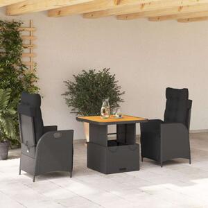 Polyrattan Kerti Étkezőgarnitúra - 3 részes - Fekete
