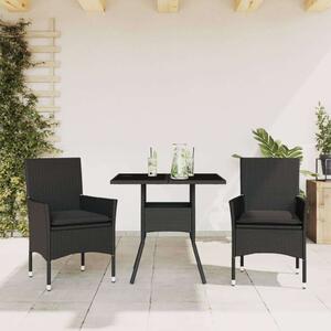 VidaXL - 3 részes Kerti Étkezőgarnitúra - Fekete Polyrattan - Üveg asztallap