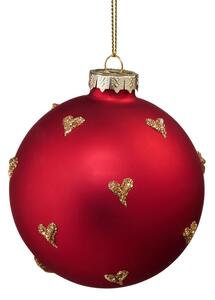 HANG ON üveggömb karácsonyfadísz, piros - arany szívekkel 8 cm