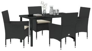 5 Darabos Kerti Étkező Szett Párnákkal Fekete Polirattan, Kerti Asztal Fekete 140x80x73 cm Edzett Üveg