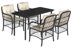 VidaXL 5 részes fekete polyrattan kerti étkezőgarnitúra párnákkal