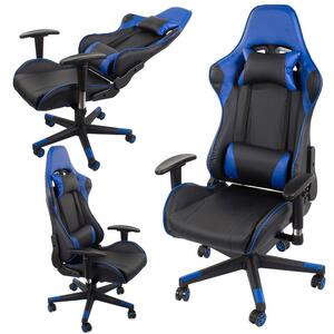 Görgős gamer szék két párnával, dőlés állítással és 2D karfával - kék
