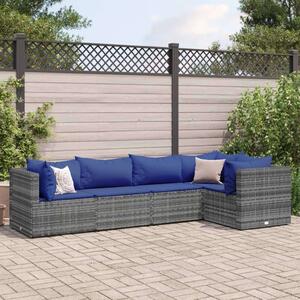 5 Részes Polyrattan Kerti Ülőgarnitúra - Szürke, Kék Párnákkal