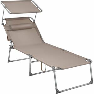 Összecsukható napozóágy napernyővel és fejtámlával, 4 pozícióra állítható háttámla, légáteresztő szintetikus szövet, max 150 kg, 200x71x38 cm, taupe