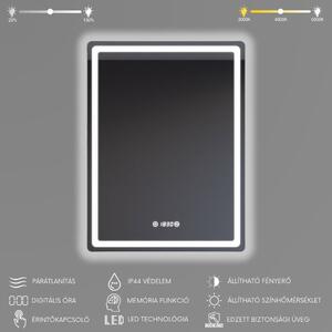 Álló fürdőszobai LED tükör 60x80cm | Páramentesítő - Óra - Fényerő és színhőmérséklet szabályozás | Welland Type20V