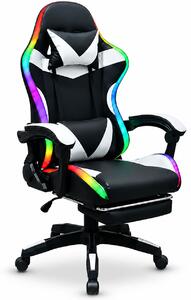 GOBOLED Gamer szék lábtartóval LED világítással - fekete-fehér