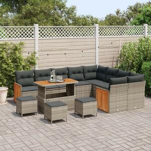 13 Darabos Kerti Kanapé Szett Párnákkal Szürke Poli Rattan Akác, 4 Darabos Kerti Étkező Szett Párnákkal Szürke Poli Rattan Akác, 2-Fős Kerti Kanapé Párnákkal Szürke Poli Rattan
