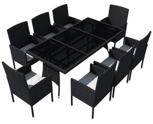 VidaXL 9-részes fekete polyrattan kültéri étkezőszett párnákkal