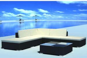 VidaXL 6-részes fekete polyrattan kerti bútorszett párnákkal