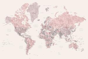 Detailed watercolor world map in dusty pink and cream, Madelia Térképe, Blursbyai, (40 x 26.7 cm)