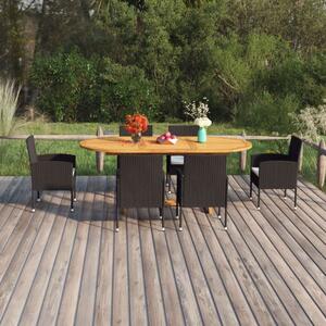 VidaXL - 7 Részes Kerti Étkezőgarnitúra - Akácfa Asztal - Fekete Polyrattan