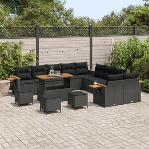 13 Részes Kerti Kanapészett Párnákkal Fekete Poly Rattan Akác, 3 Részes Kerti Étkezőszett Párnákkal Fekete Poly Rattan Akác