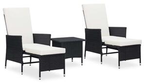 VidaXL 3-részes fekete polyrattan kerti bútorszett párnákkal