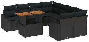 Kerti Sofa Szett 9 Darabos Fekete Poli Rattan, Acél Kerti Sofa