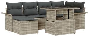 7 Darabos Kerti Kanapészett Párnákkal Világosszürke Poly Rattan, 2-Személyes Kerti Kanapé Tárolóval és Párnákkal Világosszürke Poly Rattan