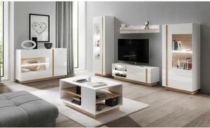 Komód üveggel, fehér/tölgy grandson/magasfényű fehér, CITY