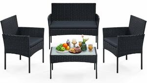 4 személyes kerti bútorszett, kanapé, 2 szék és üveglapos asztal, PE rattan, fekete és szürke