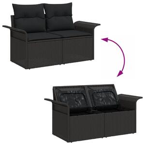 7 részes kerti kanapé szett párnákkal Fekete Poly Rattan, 2 személyes kerti kanapé tárolóval és párnákkal Fekete Poly Rattan