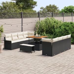 11 darabos kerti kanapé szett párnákkal fekete poli rattan akáccal, 2-személyes kerti kanapé tárolóval és párnákkal fekete poli rattan, 3 darabos kerti étkező szett párnákkal fekete poli rattan akáccal