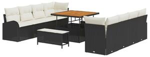 11 darabos kerti kanapé szett párnákkal fekete poli rattan akáciából, 2 üléses kerti kanapé tárolóval és párnákkal fekete poli rattan, 3 darabos kerti étkező szett párnákkal fekete poli rattan akáciából