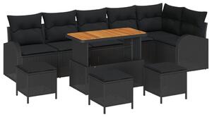 9 darabos kert kanapé szett párnákkal fekete poli-rattan, 2 fős kert kanapé párnákkal fekete poli-rattan, 3 darabos kert étkező szett párnákkal fekete poli-rattan
