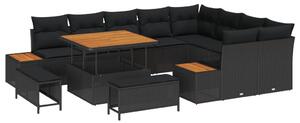 12 részes kerti kanapészett párnákkal Fekete Polirattan Akác