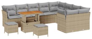 12 Darabos Kert Sofa Szett Párnákkal Bézs Poli Rattan Akácia