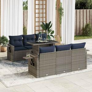 7 részes szürke polyrattan akácfa kerti ülőgarnitúra párnával