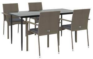 VidaXL 5 részes fekete és szürke polyrattan kerti étkezőszett párnával
