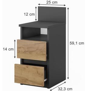 Vicco Monty 2 fiókos éjjeliszekrény szett, 2 db, antracit-arany tölgy, 25x59 cm